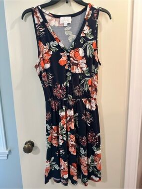 French Grey Navy Floral V-Neck Mini Dress with Coral and White Blooms